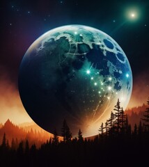 Fantasy landscape  planet. Mountain and lake. Big full moon in the sky illustration. Generative Ai