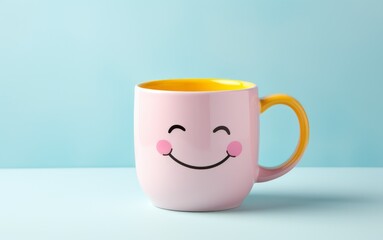Happy smiley mug on pastel backdrop. Copy space. AI generated digital design. 