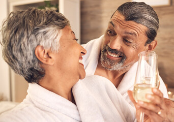 Love, champagne and relax with old couple in spa for anniversary, celebration and happy. Wellness,...