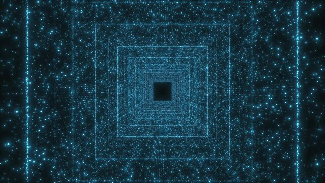 Movement through an abstract gloomy tunnel with a black void at the end. A tunnel formed by squares of colored particles.