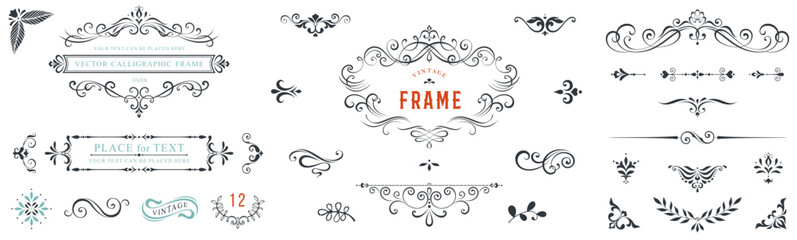 Ornate vintage frames and scroll elements. Classic calligraphy swirls, swashes, dividers, floral motifs. Good for greeting cards, wedding invitations, restaurant menu, royal certificates. - obrazy, fototapety, plakaty