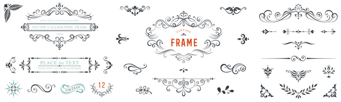 Naklejki Ornate vintage frames and scroll elements. Classic calligraphy swirls, swashes, dividers, floral motifs. Good for greeting cards, wedding invitations, restaurant menu, royal certificates.