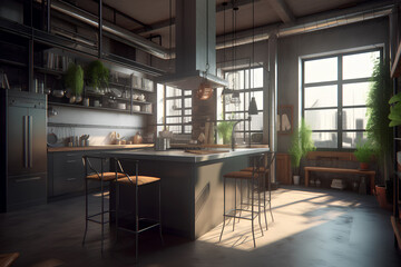 Loft style kitchen interior in luxury house.