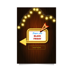 Black Friday retro sale banner with light frame pointing direction and lighting bulbs on wood background