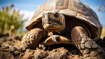 a wise old tortoise slowly making its way across a rocky terrain, its wrinkled skin and unhurried pace embodying the concept of patience in the animal kingdom.  - obrazy, fototapety, plakaty