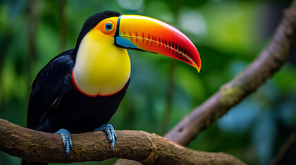 a vibrant toucan perched on a branch, its colorful beak and striking plumage making it a true tropical icon of beauty and diversity.