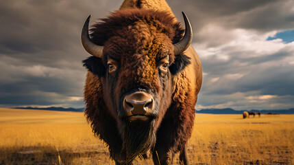 a powerful bison standing proudly on the open prairie, its massive frame embodying the spirit of the American West. 