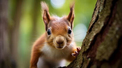 Naklejka na ściany i meble a playful red squirrel leaping from tree to tree, its nimble movements and fluffy tail evoking the charm of woodland creatures in their natural habitat. 