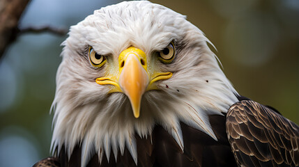 Obraz premium a magnificent bald eagle perched on a branch, its intense gaze piercing through the lens