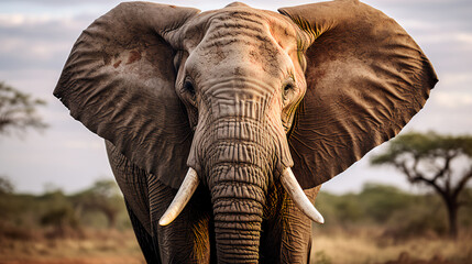 a wise old elephant roaming the vast African plains, its weathered tusks and gentle eyes telling the story of a life well-lived. 