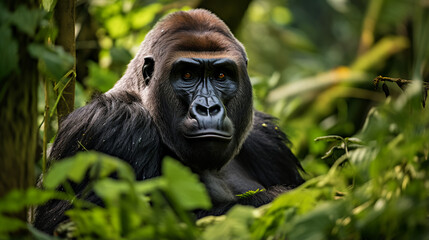 a stoic gorilla sitting amidst the jungle foliage, its calm demeanor masking the strength within its powerful frame - obrazy, fototapety, plakaty