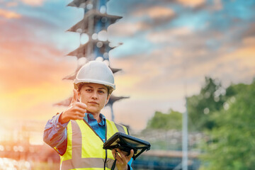 Happy Female site engineer surveyor working with theodolite total station EDM equipment on a...