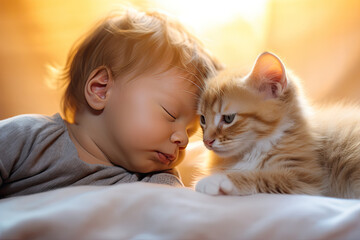 Beb&eacute; adormece com o gatinho num ambiente de paz e amor. 
