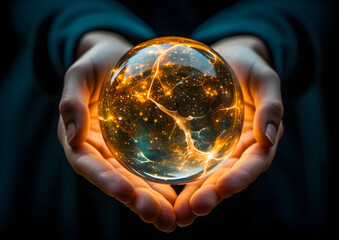 Illuminated crystal ball held by two hands, representing mediumship, fortune teller, mystic, mysterious, magical.