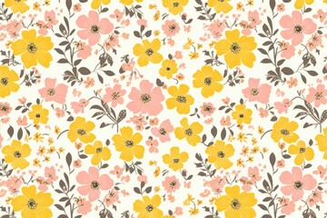 This is a vintage floral background with a floral pattern featuring small yellow flowers on a yellow and pink backdrop. It is a seamless pattern designed for design and fashion prints in Generative AI