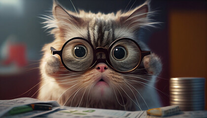 Cat on a table, Shocked cat in glasses with surprised eyes and counting money, Ai generated image  - obrazy, fototapety, plakaty