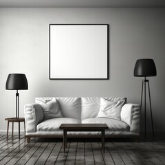 Blank picture frame mockup with luxury sofa on living room. Generative AI
