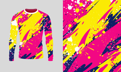 Long sleeve jersey pink yellow grunge texture for extreme sport, racing, gym, cycling, training, motocross, travel. Vector backdrop