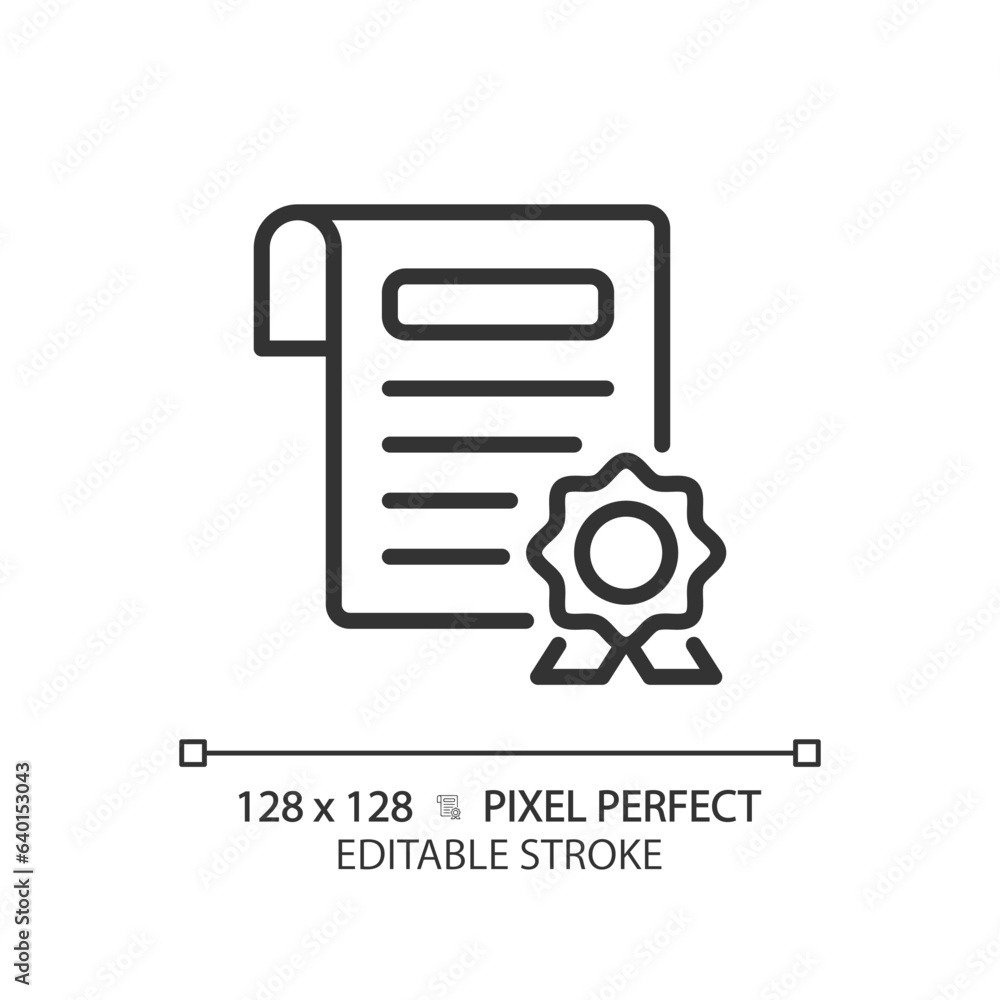 Poster 2d pixel perfect editable black certificate simple icon, isolated vector, thin line document illustr