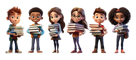 Cartoon Children Holding Books in Hands Set