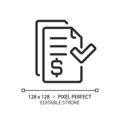 2D pixel perfect editable black invoice simple icon, isolated vector, thin line document illustration.