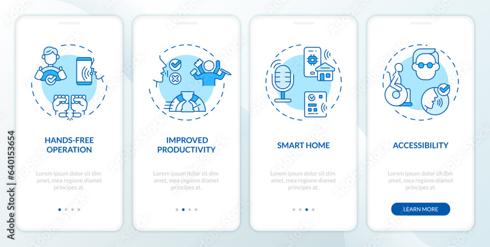 Poster 2d icons representing voice assistant mobile app screen set. walkthrough 4 steps blue graphic instru