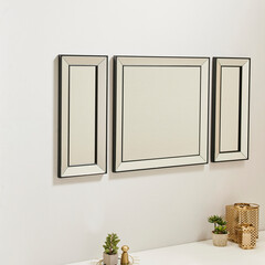Decorative mirror and frame hung wall concept, close up, table, furniture, ornament, chair and lamp concept.