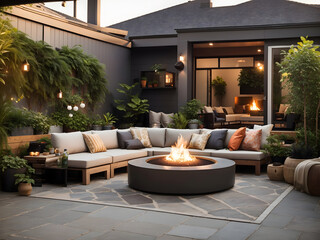 outdoor patio arrangement with table, chair and fire place, the most comfortable gathering place...