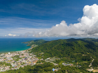 Obraz premium Aerial view Drone camera rainforest trees on high mountains, Ecology with healthy environment concept and summer background