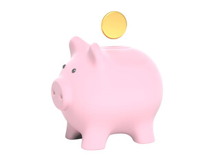 Pink piggy bank and coin. Isolated. Money savings concept. 3d illustration.