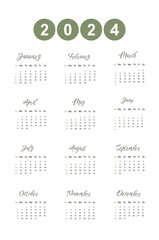 Vector calendar for 2024 year design with simple graphic for office planning with months and weeks. Annual daily organizer template