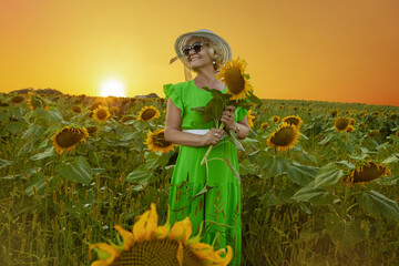 Elegant happy senior woman in sunflower field on sunset.