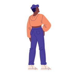 Black woman in cropped hoody standing, back view. Happy girl in hoodie smile. Person with short haircut in casual urban outfit, youth clothing. Flat isolated vector illustration on white background