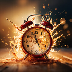 A Surreal Representation Of A Dissolving Alarm Clock, Symbolizing The Transient Nature Of Time, The Object Seems To Be Disintegrating Or Melting, Giving An Abstract Feeling