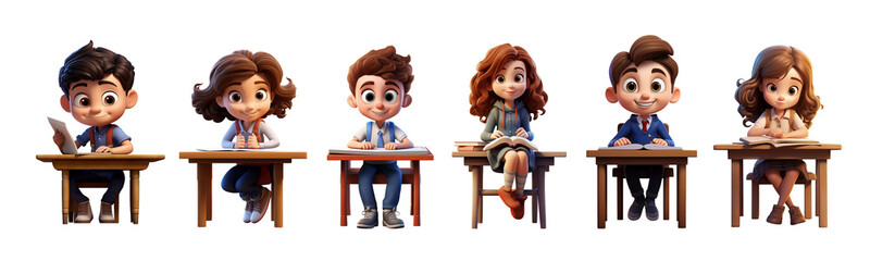 Set of Cartoon Children is Sitting at a School Desk