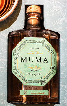 A bottle of MUMA Italian craft gin, made with water from the Mediterranean Sea has notes of Cinnamon, Ireos, Citrus and Chamomile.Milan - Italy,22 August 2023