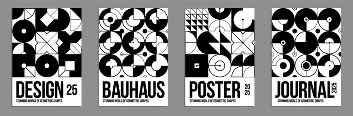 Geometric black and white vector posters and covers in Bauhaus style, layout for advertisement sheet, monochrome tech engineering style shapes mechanical.