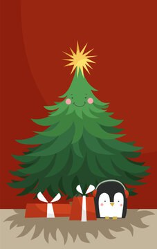 Christmas celebration. Illustration of the Christmas tree, gifts and cute penguin in headphones