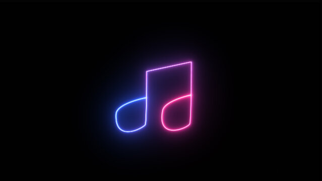 On a black background, an isolated musucal tone icon with neon light is displayed. Illustrative 3D rendering.