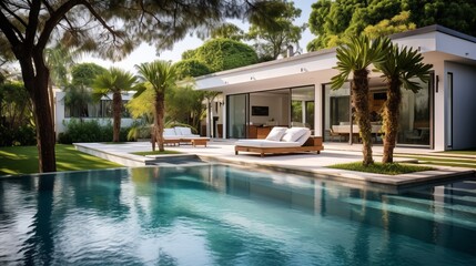 Fototapeta premium Contemporary Villa with Pool and Garden. Generative AI