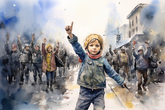Child refugee from Ukraine with many refugees in the back leaving demolished city. Generative Ai illustration