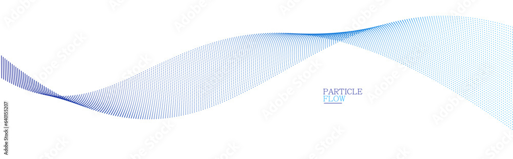 Poster blue airy particles flow vector design, abstract background with wave of flowing dots array, digital