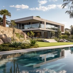 Fototapeta premium Contemporary Villa with Pool and Garden. Generative AI