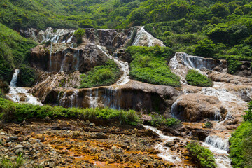Jinguashi golden waterfall in New Taipei city of Taiwan