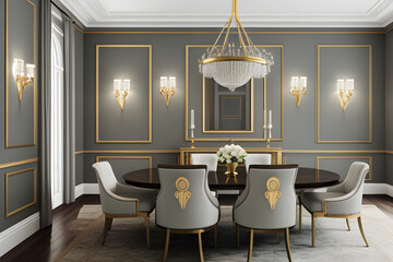 Classic dining room mockup with grey white molding wall, luxury green dining set, and gold lamp. 3d rendering