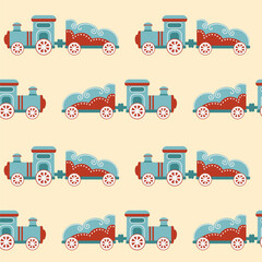Christmas Train Seamless Pattern. Vector, flat style. Perfect for textile, wallpaper or print design.