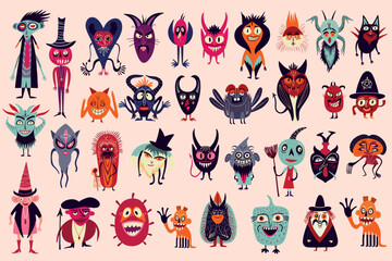 Naklejka premium A set of vibrant strange charming Halloween characters. bizarre comic magical mystical funny characters for Halloween.