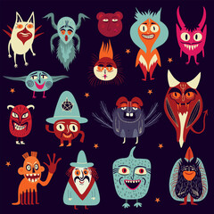 A set of vibrant strange charming Halloween characters. bizarre comic magical mystical funny characters for Halloween.