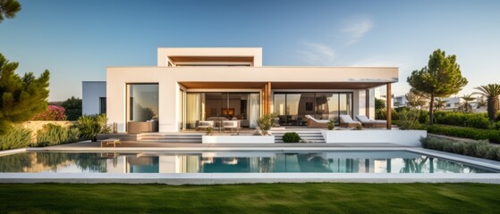 Obraz premium Contemporary Villa with Pool and Garden. Generative AI