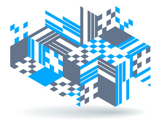 Blue vector abstract geometric background with cubes and different rhythmic shapes, isometric 3D abstraction art displaying city buildings forms look like, op art.